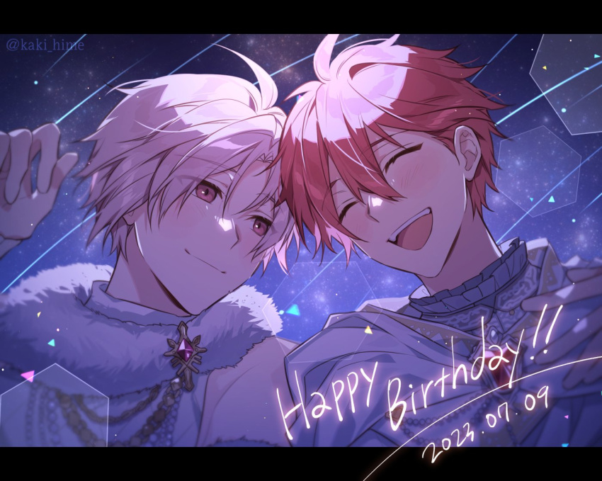 2023 2boys black_border border brothers closed_eyes closed_mouth dated hand_on_own_hip happy_birthday idolish7 kaki_hime kujou_tenn looking_at_another male_focus multiple_boys nanase_riku open_mouth pink_eyes pink_hair redhead short_hair siblings sky smile star_(sky) starry_background starry_sky teeth twins twitter_username