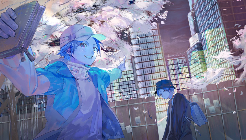 2boys aoaso backpack bag baseball_cap black_headwear black_jacket blue_bag blue_hair blue_jacket blush building cherry_blossoms city closed_mouth day dutch_angle expressionless falling_petals fence foreshortening grin hat holding holding_wallet jacket long_sleeves looking_at_viewer male_focus multiple_boys necktie open_clothes open_jacket orange_necktie original outdoors outstretched_arms petals pink_headwear pink_shirt pointing shirt smile standing teeth tree upper_body wallet wooden_fence