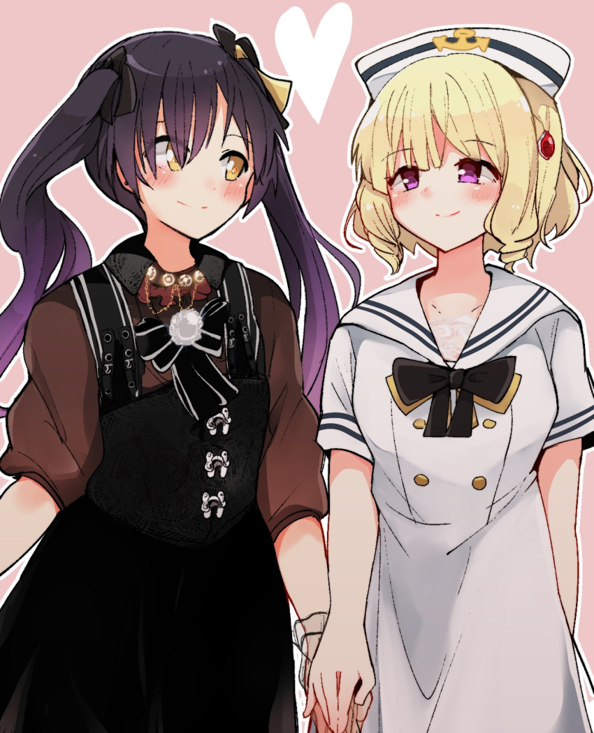 2girls anchor_symbol arms_at_sides assault_lily black_bow black_bowtie black_dress black_ribbon blonde_hair blush bow bowtie brown_shirt buttons closed_mouth collared_shirt commentary_request commission cowboy_shot dress drill_hair drill_sidelocks eye_contact hair_between_eyes hair_ribbon hat heart highres hishida_haru holding_hands imamura_yukari_(assault_lily) jewelry long_hair looking_at_another looking_to_the_side multiple_girls necklace official_alternate_costume pachio_(patioglass) pearl_necklace pinafore_dress pink_background purple_hair ribbon sailor_collar sailor_dress sailor_hat see-through shirt short_hair short_sleeves side-by-side sidelocks simple_background skeb_commission sleeveless sleeveless_dress sleeves_past_elbows smile standing twintails violet_eyes white_dress white_headwear white_sailor_collar wrist_cuffs yellow_bow yellow_bowtie yellow_eyes yellow_ribbon yuri