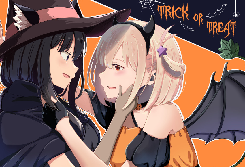 2girls absurdres animal_ears bare_shoulders bat_wings black_cape black_choker black_gloves black_hair black_hairband blonde_hair blue_background blush bob_cut brown_gloves cape cat_ears chai_haru choker commentary_request dress elbow_gloves eye_contact fake_animal_ears fake_horns fake_wings fingerless_gloves gloves hair_between_eyes hair_ornament hairband halloween halloween_costume hand_in_another's_hair hand_on_another's_face hat highres horns inoue_takina jack-o'-lantern kabedon long_hair looking_at_another lycoris_recoil multiple_girls nishikigi_chisato off-shoulder_dress off_shoulder official_alternate_costume one_side_up open_mouth orange_background orange_dress outline profile puffy_short_sleeves puffy_sleeves red_eyes short_hair short_sleeves sidelocks star_(symbol) star_hair_ornament trick_or_treat two-tone_background violet_eyes white_outline wings witch_hat yuri