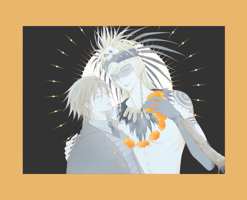 2boys absurdres arm_tattoo aztec black_nails blonde_hair blue_eyes braid coat daybit_sem_void facepaint fate/grand_order fate_(series) gold_necklace hair_ornament headdress highres jewelry long_hair male_focus multiple_boys necklace open_clothes open_coat short_hair shoulder_tattoo skull skull_hair_ornament suica7777777 tattoo tezcatlipoca_(fate) tezcatlipoca_(third_ascension)_(fate) traditional_clothes trench_coat twin_braids upper_body