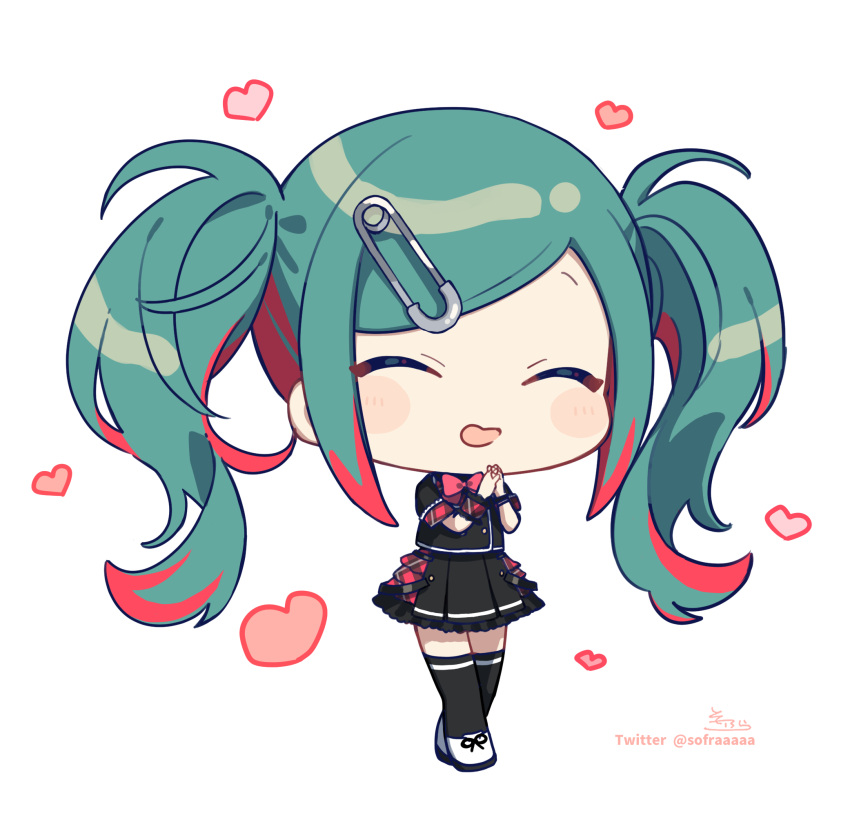 1girl ^_^ black_shirt black_skirt black_thighhighs blush_stickers chibi closed_eyes facing_viewer full_body green_hair hands_up hatsune_miku heart highres leo/need_(project_sekai) leo/need_miku multicolored_hair open_mouth own_hands_together plaid pleated_skirt redhead safety_pin shirt shoes short_sleeves signature simple_background skirt sofra solo standing streaked_hair swept_bangs thigh-highs twitter_username vocaloid white_background white_footwear