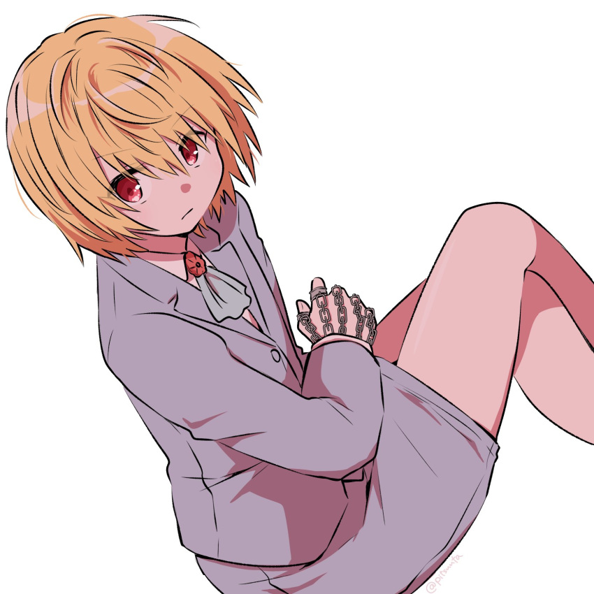 1other androgynous ascot blonde_hair crossed_legs formal from_above highres hunter_x_hunter jewelry kurapika long_sleeves looking_at_viewer miniskirt multiple_rings pitsuuta red_eyes ring shirt short_hair simple_background sitting skirt solo suit thumb_ring white_ascot white_background white_shirt white_suit