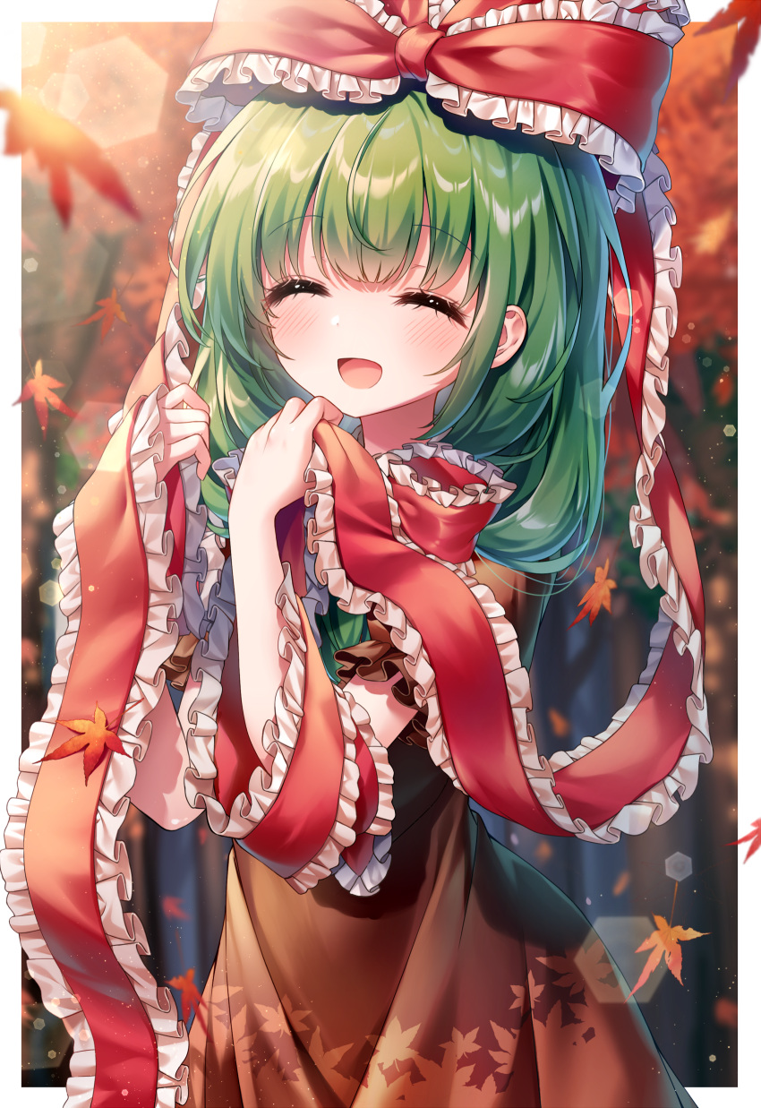 1girl absurdres autumn_leaves blush border bow brown_dress closed_eyes commission dress frilled_bow frilled_ribbon frilled_sleeves frills front_ponytail green_hair hair_bow hair_ribbon highres kagiyama_hina leaf long_hair maple_leaf open_mouth pixiv_commission pudding_(skymint_028) red_bow red_ribbon ribbon short_sleeves smile solo touhou upper_body white_border