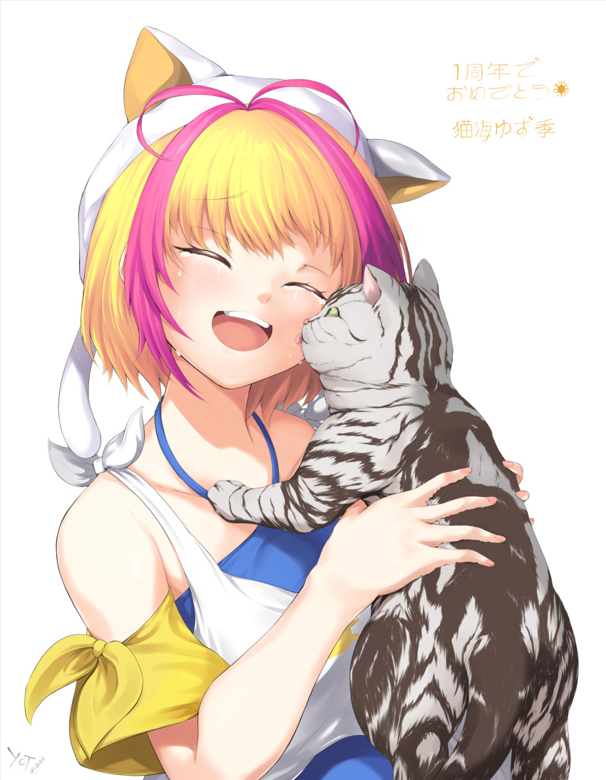 1girl animal animal_hat antenna_hair blue_shirt cat cat_hat closed_eyes eyelashes fingernails hat highres holding holding_animal holding_cat indie_virtual_youtuber multicolored_hair nekomi_yuzuki open_mouth shirt short_hair streaked_hair tabby_cat tank_top tearing_up teeth translation_request upper_teeth_only virtual_youtuber white_background white_tank_top yomitrooper