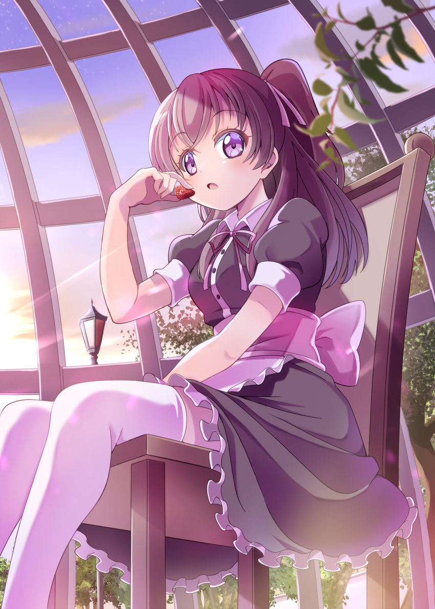 1girl absurdres apron back_bow black_dress blue_sky blurry blurry_foreground bow brown_hair chair clouds collared_dress commentary delicious_party_precure dress eating food frilled_dress frills fruit hair_ribbon highres holding holding_food holding_fruit lamppost long_hair looking_at_viewer medium_dress nagomi_yui neck_ribbon open_mouth outdoors pink_bow pink_ribbon plant precure puffy_short_sleeves puffy_sleeves ribbon short_sleeves sitting sky solo strawberry sunlight thigh-highs tirofinire tree twilight two_side_up violet_eyes waist_apron white_apron white_thighhighs wing_collar wooden_chair