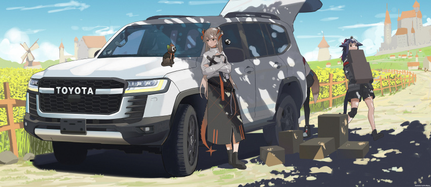 absurdres animal_ears arknights box carrying cat cat_ears cat_girl cat_tail dragon_horns dragon_tail grey_jacket highres horns jacket jessica_(arknights) northkiyou orange_eyes saria_(arknights) scenery tail toyota toyota_land_cruiser