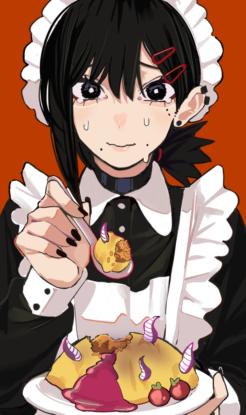 1girl absurdres apron black_choker black_hair black_nails chainsaw_man choker ear_piercing earrings food hair_ornament hairclip halftone_texture higashiyama_kobeni highres holding holding_plate holding_spoon jewelry looking_at_viewer maid maid_apron maid_headdress mole mole_on_cheek mole_under_eye multiple_moles multiple_piercings omelet omurice orange_background piercing plate sailen0 short_hair short_ponytail side_ponytail simple_background single_sidelock solo spoon stud_earrings sweat swept_bangs tentacles wavy_mouth