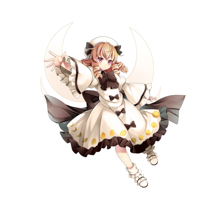 1girl black_bow black_bowtie blonde_hair bow bowtie closed_mouth dress dress_bow drill_hair drill_sidelocks fairy fairy_wings full_body game_cg highres long_sleeves looking_at_viewer luna_child medium_hair moon_print red_eyes rotte_(1109) sidelocks simple_background solo third-party_source touhou touhou_lost_word white_background white_dress white_footwear white_headwear wings