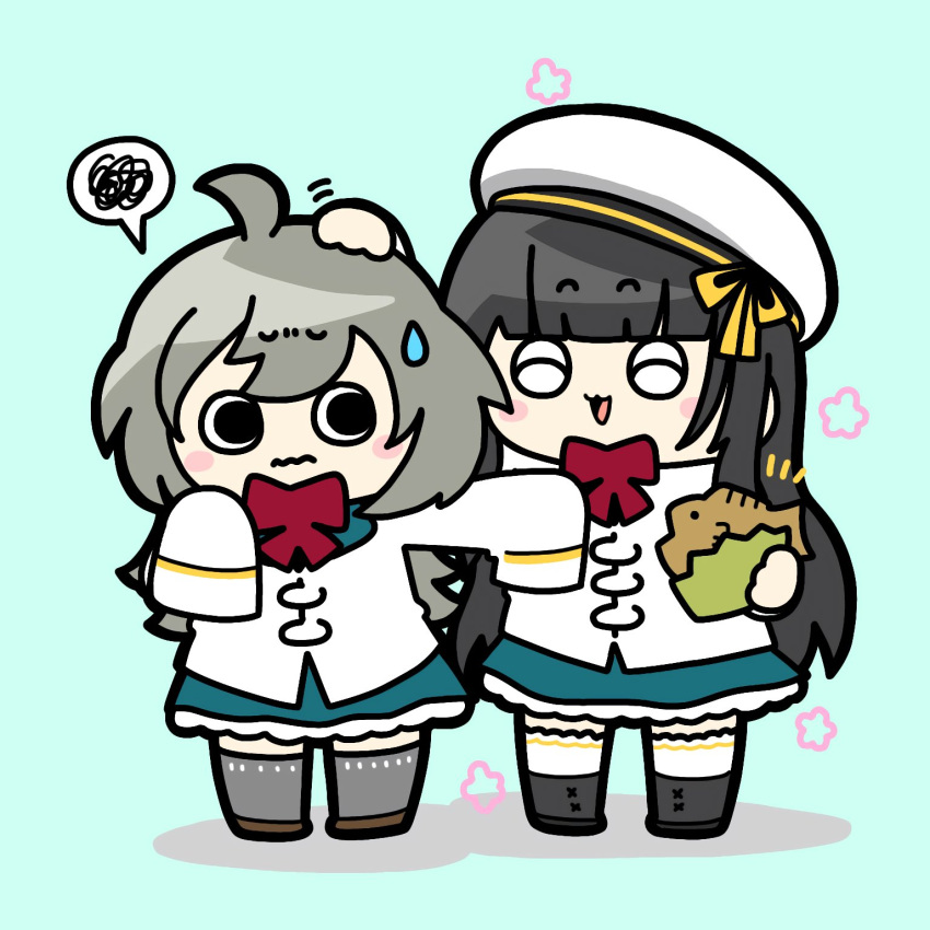 2girls :3 ^_^ aqua_background arm_up assault_lily beret black_footwear black_hair blue_skirt blunt_bangs blush bow bowtie brown_footwear chibi closed_eyes closed_mouth commentary flower_(symbol) food full_body grey_hair grey_thighhighs hand_on_another's_head hand_up hands_up hat hat_ribbon headpat herensuge_girls_academy_school_uniform highres holding holding_food jacket konpeitoull_(c12h22o11_tr_6) long_hair long_sleeves looking_at_another looking_to_the_side miniskirt morimoto_yuni motion_lines multiple_girls notice_lines open_mouth outstretched_arm pushing_away red_bow red_bowtie ribbon sasaki_ran school_uniform shoes side-by-side sideways_glance simple_background skirt sleeves_past_wrists smile solid_circle_pupils speech_bubble spoken_squiggle squiggle standing sweatdrop taiyaki thigh-highs v-shaped_eyebrows very_long_hair wagashi wavy_mouth white_headwear white_jacket white_thighhighs yellow_ribbon