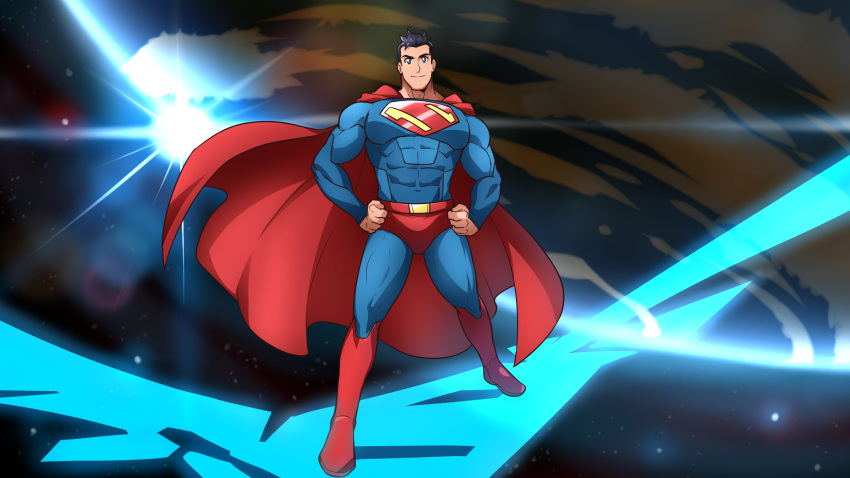 1boy black_hair blue_bodysuit blue_eyes bodysuit boots cape clark_kent closed_mouth covered_abs dc_comics hands_on_own_hips highres kuroshinki large_pectorals male_focus muscular muscular_male my_adventures_with_superman pectorals red_cape short_hair smile solo superman superman_(series)