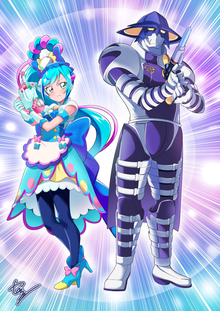 1boy 1girl absurdres apron artist_name back_bow blue_bow blue_dress blue_footwear blue_hair blue_pantyhose bow closed_mouth clothing_cutout commentary_request commission crossover cure_spicy delicious_party_precure dress emphasis_lines energy_gun frown fuwa_kokone gekisou_sentai_carranger gloves green_eyes hair_bow heart_juicy_mixer heel_up high_heels highres holding holding_weapon huge_bow instructor_ritchihiker medium_dress multicolored_hair pantyhose partial_commentary pink_hair precure puffy_short_sleeves puffy_sleeves rope shimenawa short_sleeves shoulder_cutout side-by-side side_ponytail signature skeb_commission streaked_hair super_sentai tirofinire waist_apron watch weapon white_gloves
