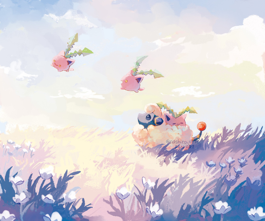 closed_mouth clouds day flower from_side highres hoppip looking_up lying mareep nashiro_o77o no_humans outdoors pokemon pokemon_(creature) sky smile white_flower yellow_eyes