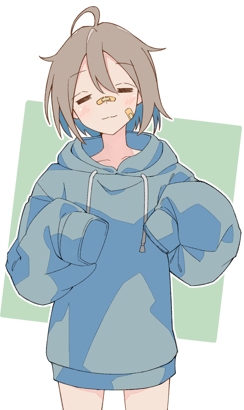 1girl ahoge bandaid bandaid_on_cheek bandaid_on_face bandaid_on_nose blue_hoodie closed_eyes closed_mouth commentary cowboy_shot do_it_yourself!! drawstring facing_viewer grey_hair highres hood hood_down hoodie ibara_kashipan long_hoodie oversized_clothes short_hair sleeves_past_fingers sleeves_past_wrists smile solo standing yua_serufu