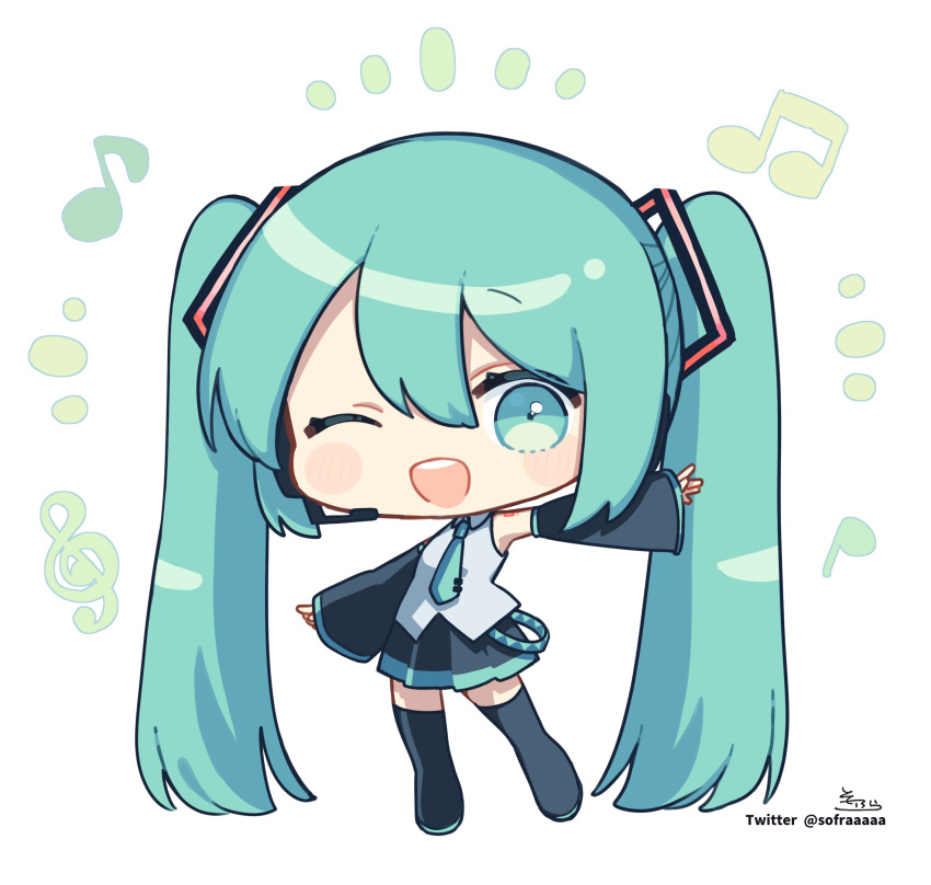 1girl ;d bare_shoulders beamed_eighth_notes black_footwear black_skirt black_sleeves blush_stickers boots chibi collared_shirt detached_sleeves eighth_note full_body green_eyes green_hair green_necktie hatsune_miku headset highres long_hair long_sleeves looking_at_viewer musical_note necktie notice_lines one_eye_closed pleated_skirt quarter_note shirt signature skirt sleeveless sleeveless_shirt smile sofra solo thigh_boots tie_clip treble_clef twintails twitter_username very_long_hair vocaloid white_shirt wide_sleeves