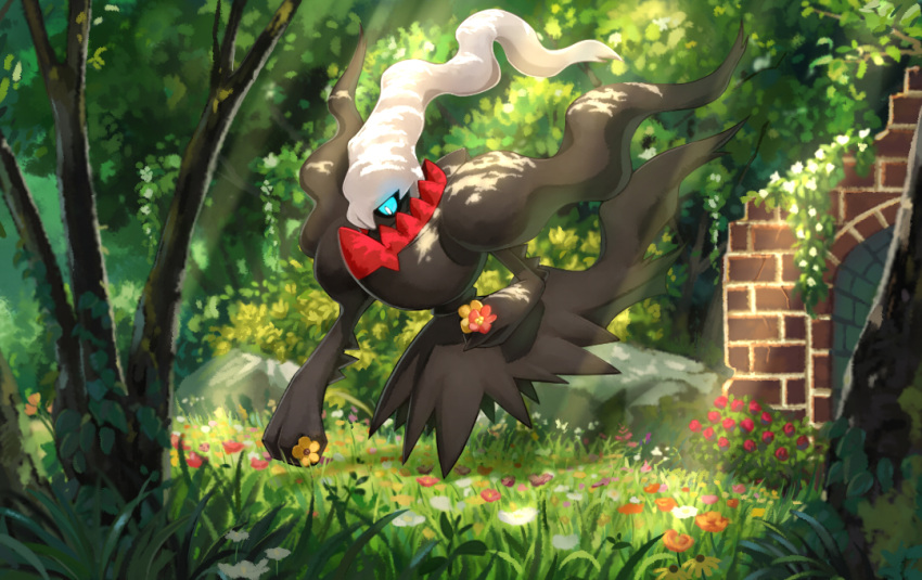 animal_focus blue_eyes blue_hair blue_sclera brick brick_wall bright_pupils claws collar colored_sclera dappled_sunlight darkrai floating floating_hair flower from_side grass inubiko long_hair looking_down no_humans outdoors pokemon pokemon_(creature) ruins skirt slit_pupils smoking spiked_collar spikes sunlight tendril tree white_hair white_pupils