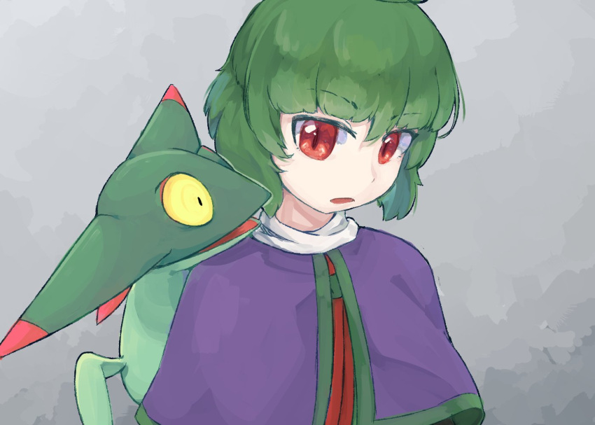 1other adagumo_no_saragimaru androgynous blunt_bangs capelet collar collared_capelet colored_eyelashes dreepy frown green_hair green_trim grey_background len'en looking_at_another necktie open_mouth pokemon pokemon_(creature) purple_capelet red_eyes red_necktie short_hair slit_pupils tail upper_body v-shaped_eyebrows white_collar yellow_eyes yuejiao_tuan