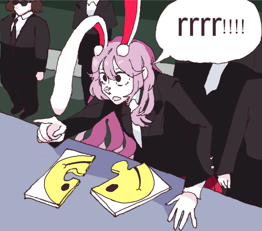 1girl animal_ears black_eyes black_jacket blazer collared_shirt commentary english_commentary english_text formal hand_on_table headhonchkrow highres jacket jigsaw_puzzle long_hair long_sleeves meme ok_smart_guy!_let's_see_you_take_a_crack_at_it!_(meme) open_mouth people photo-referenced pointing purple_hair puzzle puzzle_piece rabbit_ears rabbit_girl red_skirt reisen_udongein_inaba shirt skirt solo_focus speech_bubble standing table touhou very_long_hair white_shirt