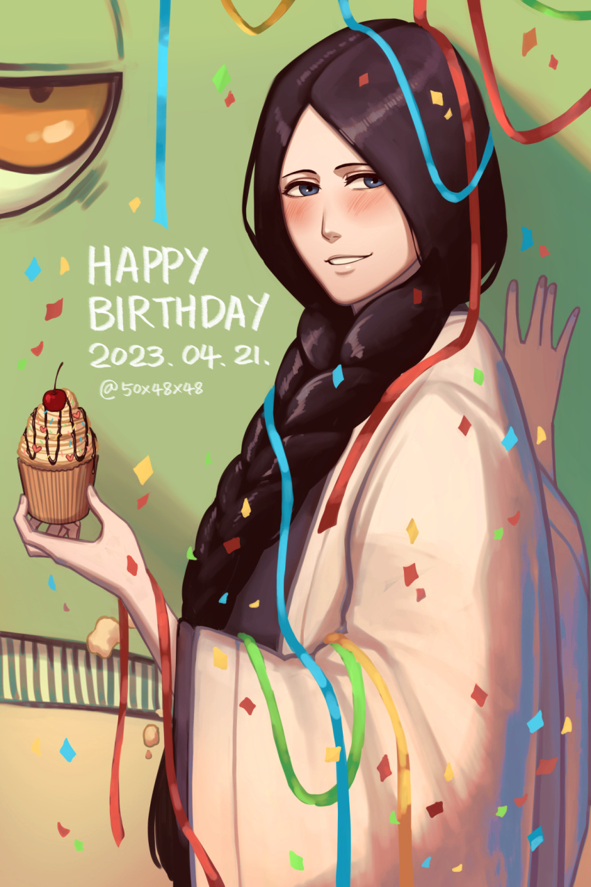 1girl 50x48x48 \||/ black_hair bleach blue_eyes blush braid cake commentary confetti cowboy_shot eyebrows_hidden_by_hair eyelashes food green_background hand_up haori highres holding holding_cake holding_food japanese_clothes kimono lips long_hair long_sleeves looking_at_viewer minazuki_(shikai) nose parted_lips simple_background single_braid smile solo standing unohana_retsu very_long_hair white_kimono wide_sleeves