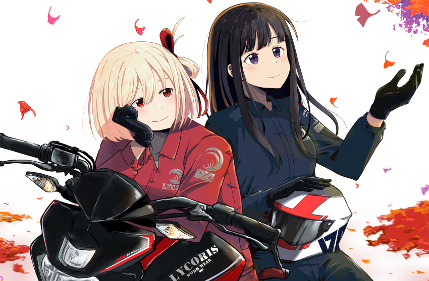 2girls absurdres adapted_costume black_gloves black_hair blonde_hair blush bob_cut chai_haru closed_mouth collarbone commentary cowboy_shot falling_petals gloves hair_between_eyes hair_ribbon head_rest headwear_removed helmet helmet_removed highres inoue_takina long_hair lycoris_recoil motor_vehicle motorcycle motorcycle_helmet multiple_girls nishikigi_chisato on_motorcycle one_side_up petals red_eyes red_ribbon ribbon short_hair sidelocks simple_background smile symbol-only_commentary violet_eyes white_background