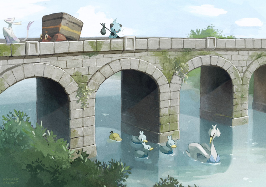 afloat artist_name bag bindle black_eyes blue_sky bridge bright_pupils closed_eyes clouds commentary crustle day dewott ducklett highres looking_at_another looking_down mienshao mokuzou_(moku_ssbu) moss no_humans outdoors pokemon pokemon_(creature) psyduck river scenery sky swanna symbol-only_commentary tree v-shaped_eyebrows water watermark white_pupils