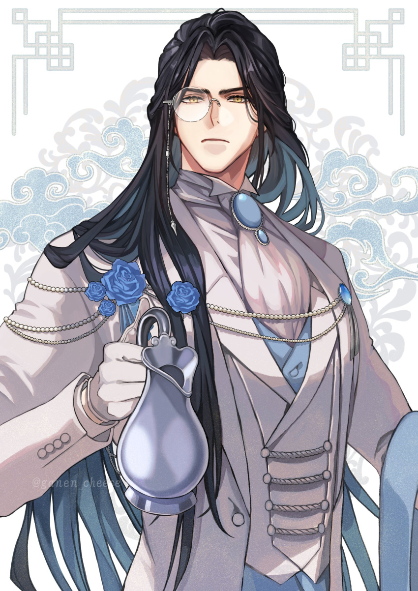 1boy absurdres artist_name beads black_hair blue_flower blue_gemstone blue_rose blue_shirt brooch buttons closed_mouth coat collared_shirt commentary_request eyewear_strap flower formal frown ganen_cheese gem gloves hand_up highres holding_pitcher jacket jewelry lan_wangji lapels layered_sleeves long_hair long_sleeves looking_at_viewer male_focus modao_zushi monocle necktie open_clothes open_coat parted_bangs pitcher_(container) rose serious shirt sidelocks simple_background solo twitter_username upper_body very_long_hair white_background white_coat white_gloves white_jacket white_necktie white_shirt whorled_clouds yellow_eyes