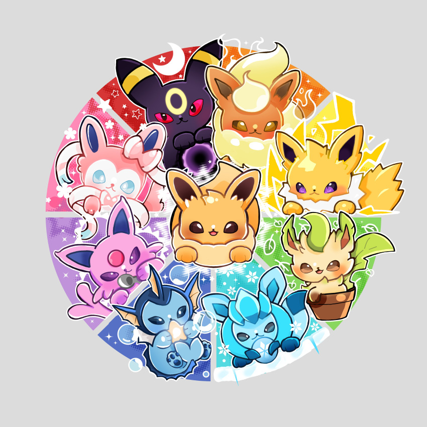 absurdres black_sclera blue_eyes brown_eyes bubble color_wheel_challenge colored_sclera crescent_moon eevee espeon evolutionary_line fire flareon flower glaceon highres jolteon leaf leafeon lightning moon no_humans onicakeco outline pokemon pokemon_(creature) pottery red_sclera snowflakes star_(symbol) sylveon umbreon vaporeon violet_eyes white_outline