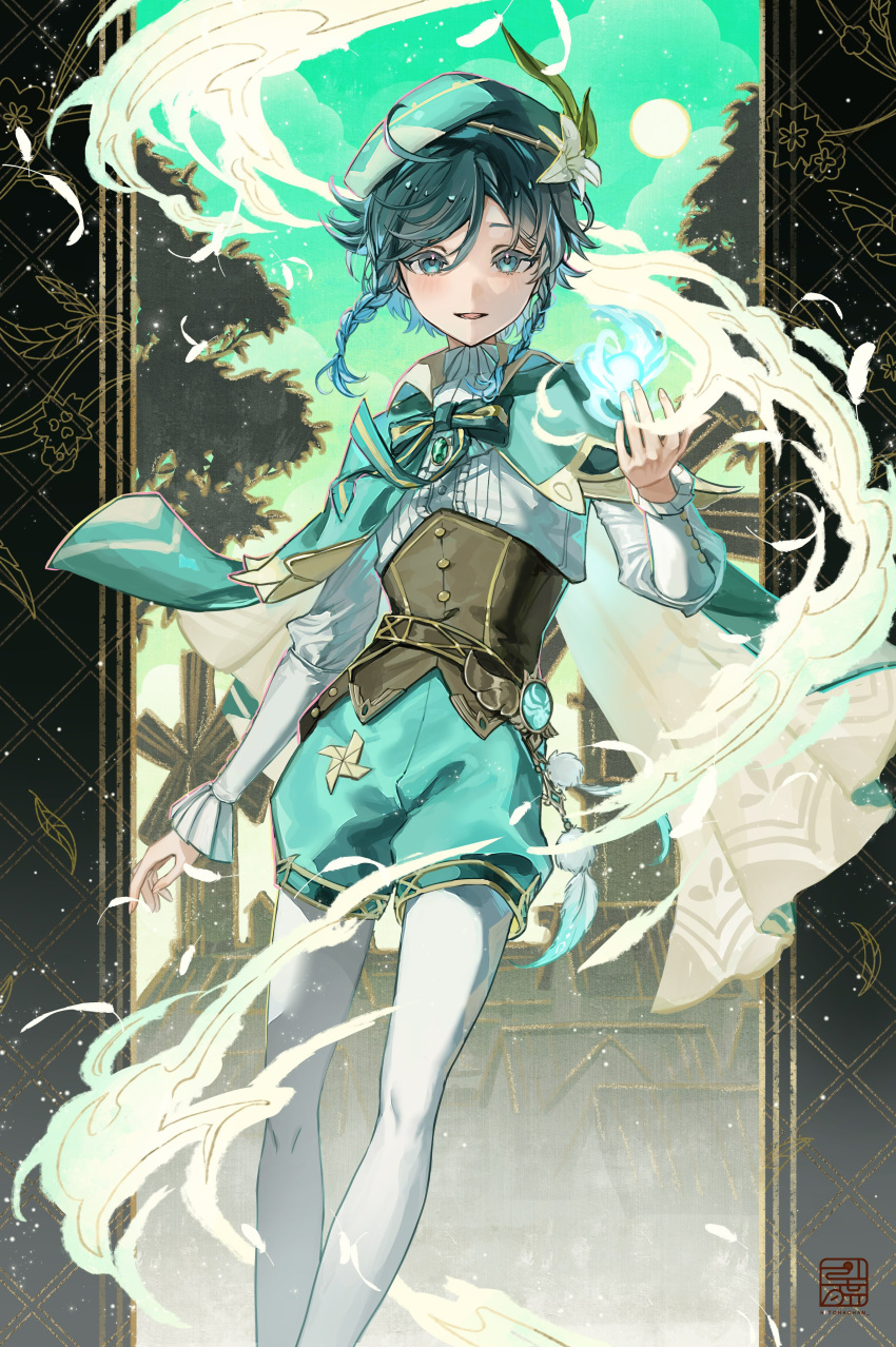 1boy absurdres beret black_hair blue_eyes blue_hair braid brown_corset brown_footwear cape collared_cape commentary corset flower genshin_impact gradient_hair green_cape green_headwear green_shorts hat hat_flower highres hitohachan juliet_sleeves loafers long_sleeves male_focus multicolored_hair pantyhose pinwheel puffy_sleeves shirt shoes short_hair_with_long_locks shorts solo twin_braids venti_(genshin_impact) white_flower white_pantyhose white_shirt wind