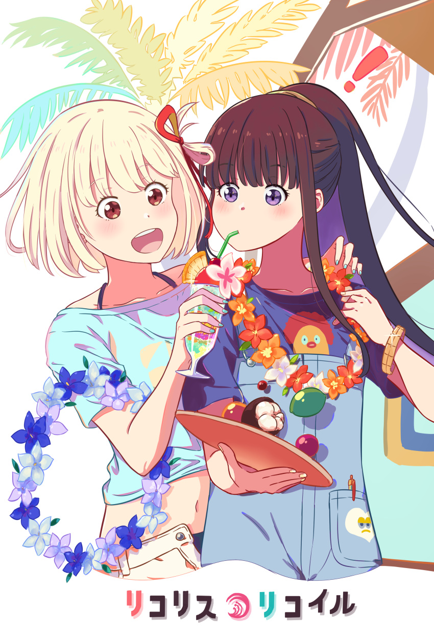 ! 2girls absurdres bikini bikini_under_clothes black_hair blonde_hair blue_nails blue_shirt blush bracelet bush chai_haru collarbone commentary_request copyright_name cropped_legs cropped_shirt cup drinking drinking_straw drinking_straw_in_mouth flower hair_ribbon hand_up highres holding holding_cup inoue_takina jewelry lycoris_recoil midriff multiple_girls nail_polish navel nishikigi_chisato official_alternate_costume official_alternate_hairstyle one_side_up open_clothes open_mouth open_shorts overalls ponytail red_eyes red_ribbon ribbon shirt short_hair short_sleeves shorts sidelocks simple_background smile spoken_exclamation_mark swimsuit teeth tray upper_teeth_only violet_eyes white_background