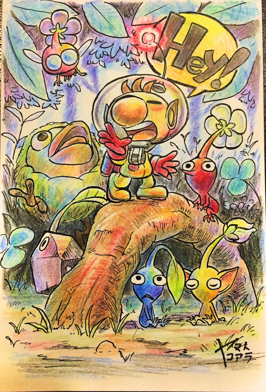 1boy alien backpack bag beak big_nose bird blue_pikmin blush brown_hair bud buttons chicken closed_eyes clover english_text flower gloves grass helmet hey!_pikmin highres koaraymt leaf mockiwi olimar open_mouth pikmin_(series) pointy_ears purple_flower radio_antenna red_bag red_gloves red_light red_pikmin rock_pikmin roots short_hair signature sitting space_helmet spacesuit speech_bubble standing teeth traditional_media tree upper_teeth_only very_short_hair whistle white_flower winged_pikmin yellow_pikmin