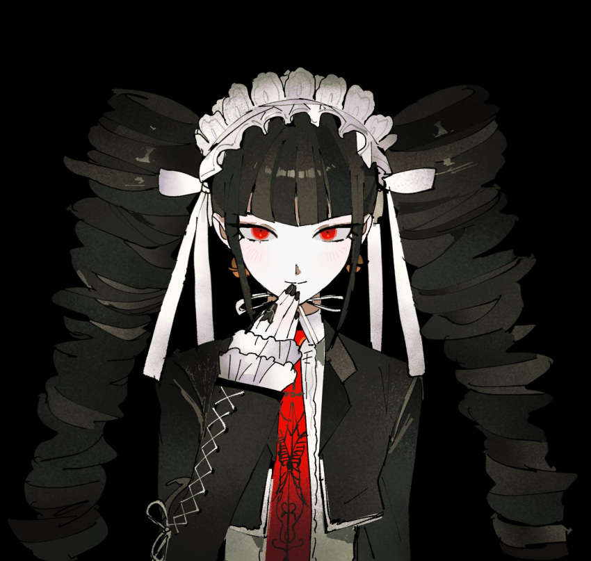1girl black_background black_hair black_jacket black_nails celestia_ludenberg closed_mouth cropped_jacket danganronpa:_trigger_happy_havoc danganronpa_(series) earrings frilled_jacket frills hand_up highres jacket jewelry long_hair long_sleeves looking_at_viewer mota_(motaberrie) necktie print_necktie red_eyes red_necktie simple_background smile solo twintails upper_body