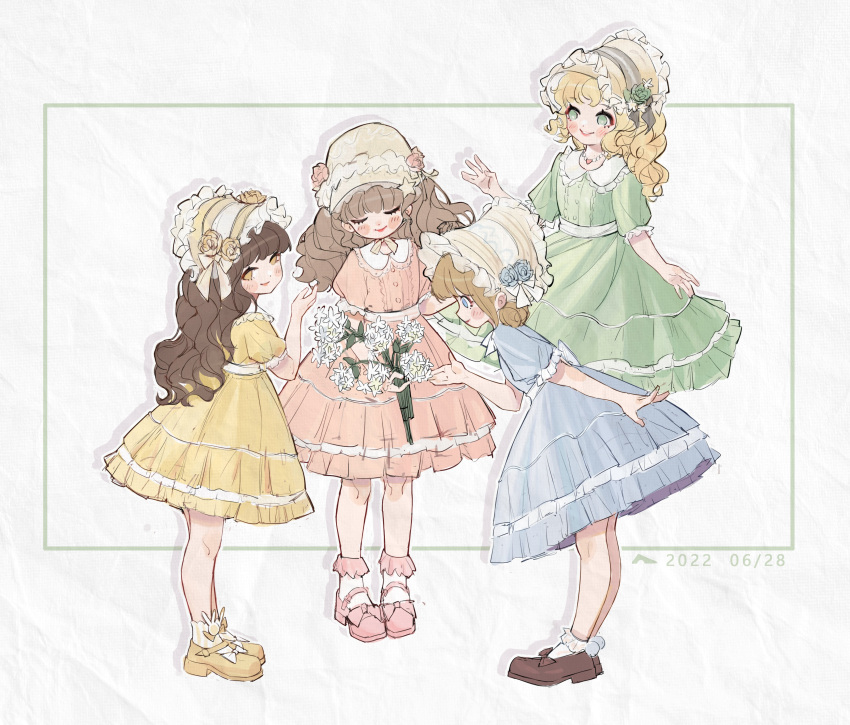 4girls absurdres ankle_socks blonde_hair blue_dress blue_eyes blush bonnet brown_footwear brown_hair cheese_(cheese_zz74) closed_eyes closed_mouth dated dress drop_shadow facing_viewer female_child flower frilled_sleeves frills green_dress green_eyes green_flower grin hand_up hat hat_flower heart heart_necklace highres holding holding_flower jewelry leaning_forward light_brown_hair lips loafers lolita_fashion long_hair looking_at_another looking_at_object looking_at_viewer mary_janes medium_hair multiple_girls necklace no_pupils original pink_dress pink_flower pink_footwear puffy_short_sleeves puffy_sleeves shoes short_sleeves smile socks wavy_hair white_background white_flower white_socks yellow_dress yellow_eyes yellow_flower yellow_footwear yellow_headwear yellow_stripes