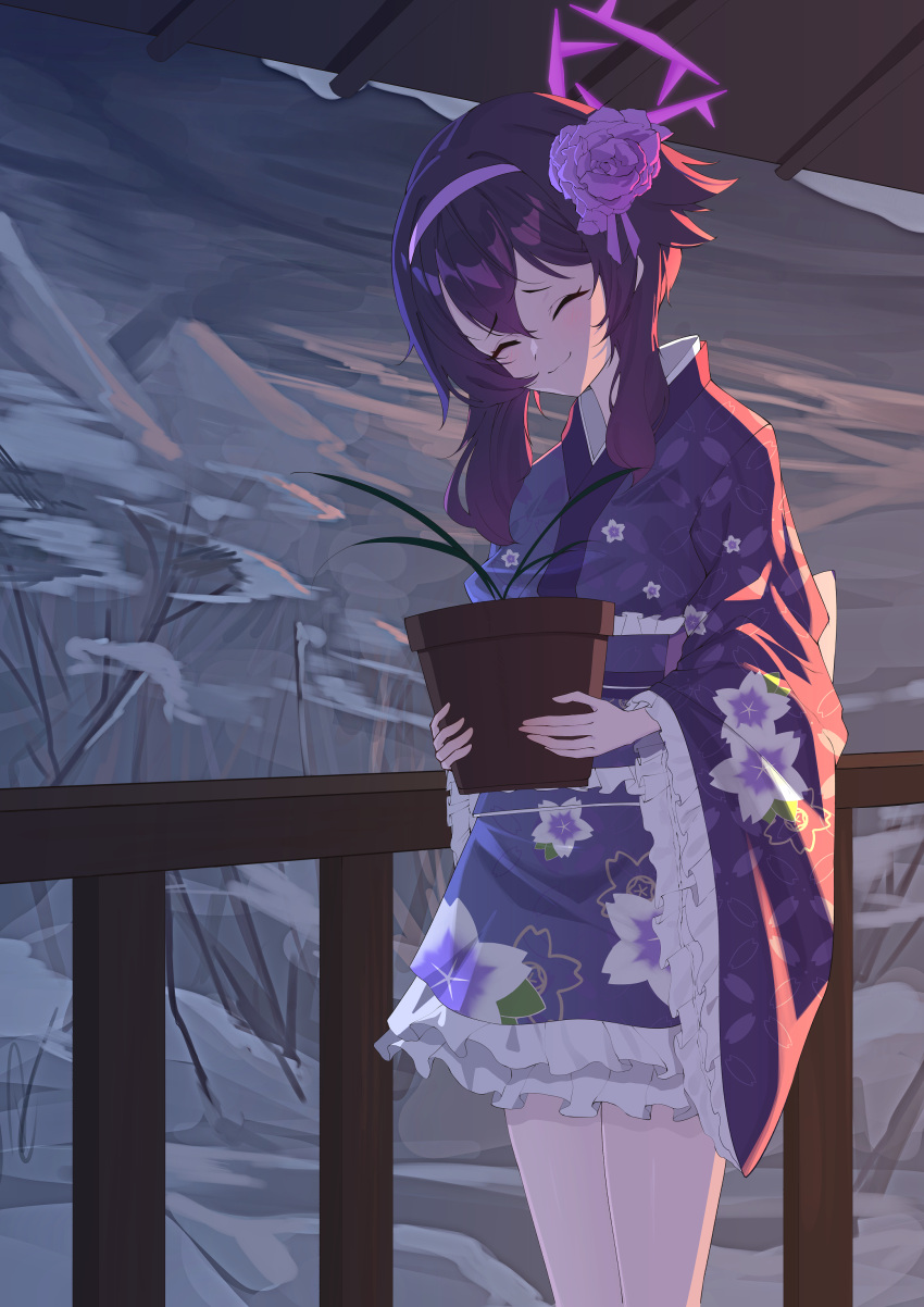 1girl absurdres blue_archive flower hair_flower hair_ornament hairband halo haruka_(blue_archive) haruka_(new_year)_(blue_archive) highres its2h35 japanese_clothes kimono long_hair looking_at_viewer official_alternate_costume purple_flower purple_hairband purple_kimono solo thighs