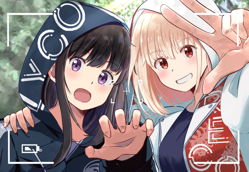 2girls :d battery_indicator black_hair blonde_hair blue_hoodie blue_shirt blurry blush bokeh chai_haru clenched_teeth commentary_request depth_of_field hand_on_another's_shoulder highres hood hood_up hoodie inoue_takina jacket long_hair long_sleeves looking_at_viewer lycoris_recoil multiple_girls nishikigi_chisato open_clothes open_jacket open_mouth paw_pose red_eyes shirt short_hair sidelocks smile teeth upper_body variant_set viewfinder violet_eyes w white_jacket yuri