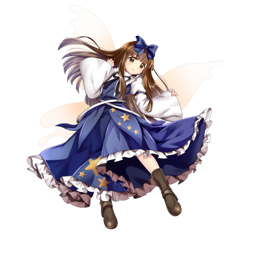 1girl black_footwear blue_bow blue_dress blunt_bangs bow brown_eyes brown_hair closed_mouth dress fairy fairy_wings full_body game_cg hair_bow highres hime_cut juliet_sleeves long_sleeves looking_at_viewer puffy_sleeves rotte_(1109) simple_background smile solo star_(symbol) star_print star_sapphire third-party_source touhou touhou_lost_word white_background wings