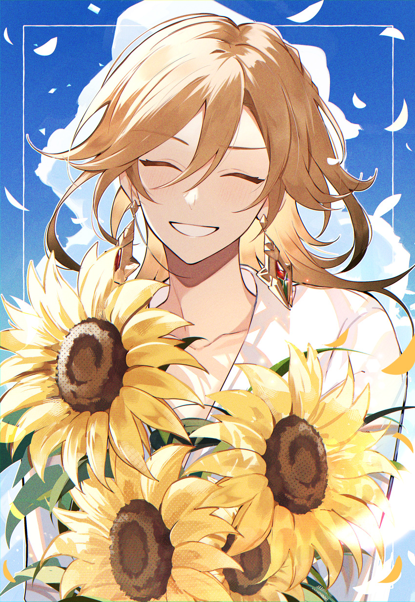 1boy ^_^ absurdres blonde_hair blue_sky blush closed_eyes clouds collarbone commentary_request day earrings flower genshin_impact grin hair_between_eyes happy highres jewelry kaveh_(genshin_impact) leaf long_hair long_sleeves male_focus parted_bangs petals shirt sidelocks sky smile solo sunflower teeth upper_body white_shirt yellow_flower yui_(linaw-key08)