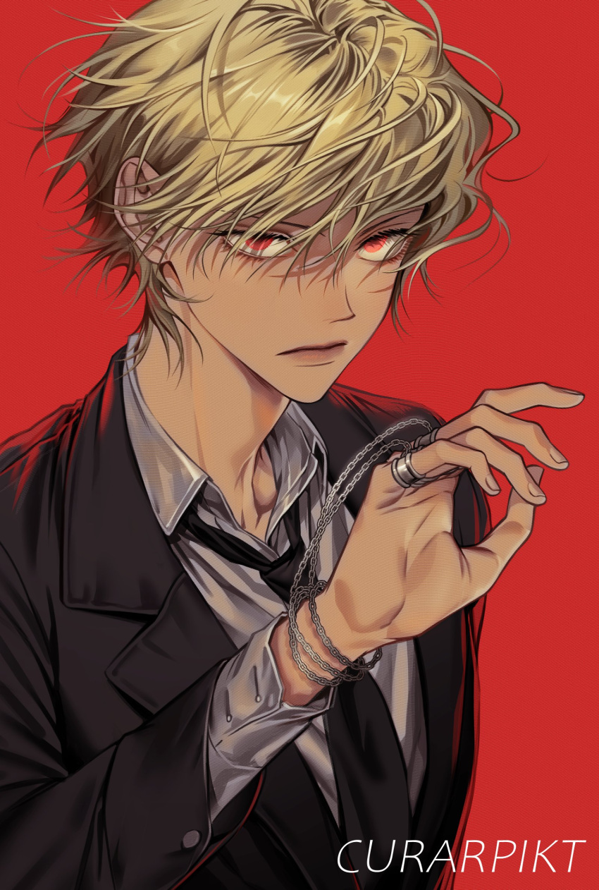 1other androgynous black_suit blonde_hair chain formal highres hun_pang3321 hunter_x_hunter jewelry kurapika long_sleeves looking_at_viewer multiple_rings necktie nen_(hunter_x_hunter) red_background red_eyes ring shirt short_hair simple_background solo suit upper_body white_shirt