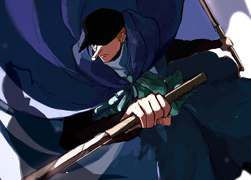 1boy baseball_cap blonde_hair blue_coat coat fighting_stance green_sash hand_focus hat highres holding holding_sword holding_weapon kaku_(one_piece) long_nose long_sleeves one_eye_covered one_piece sash serious short_hair swirling sword unksgmkr weapon