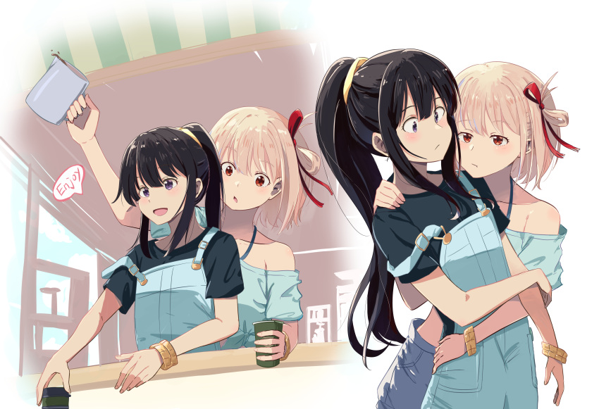 2girls absurdres bare_shoulders bikini bikini_under_clothes black_hair black_shirt blonde_hair blue_shirt blue_shorts blush bracelet chai_haru closed_mouth collarbone commentary_request cropped_shirt cup english_text hair_between_eyes hair_ribbon highres holding holding_cup hug hug_from_behind inoue_takina jewelry long_hair looking_at_another lycoris_recoil matching_accessory multiple_girls multiple_views nishikigi_chisato off-shoulder_shirt off_shoulder official_alternate_costume official_alternate_hairstyle one_side_up oop open_mouth overalls ponytail red_eyes red_ribbon ribbon shirt short_hair short_sleeves shorts sidelocks simple_background speech_bubble strap_slip swimsuit tied_shirt violet_eyes white_background yuri