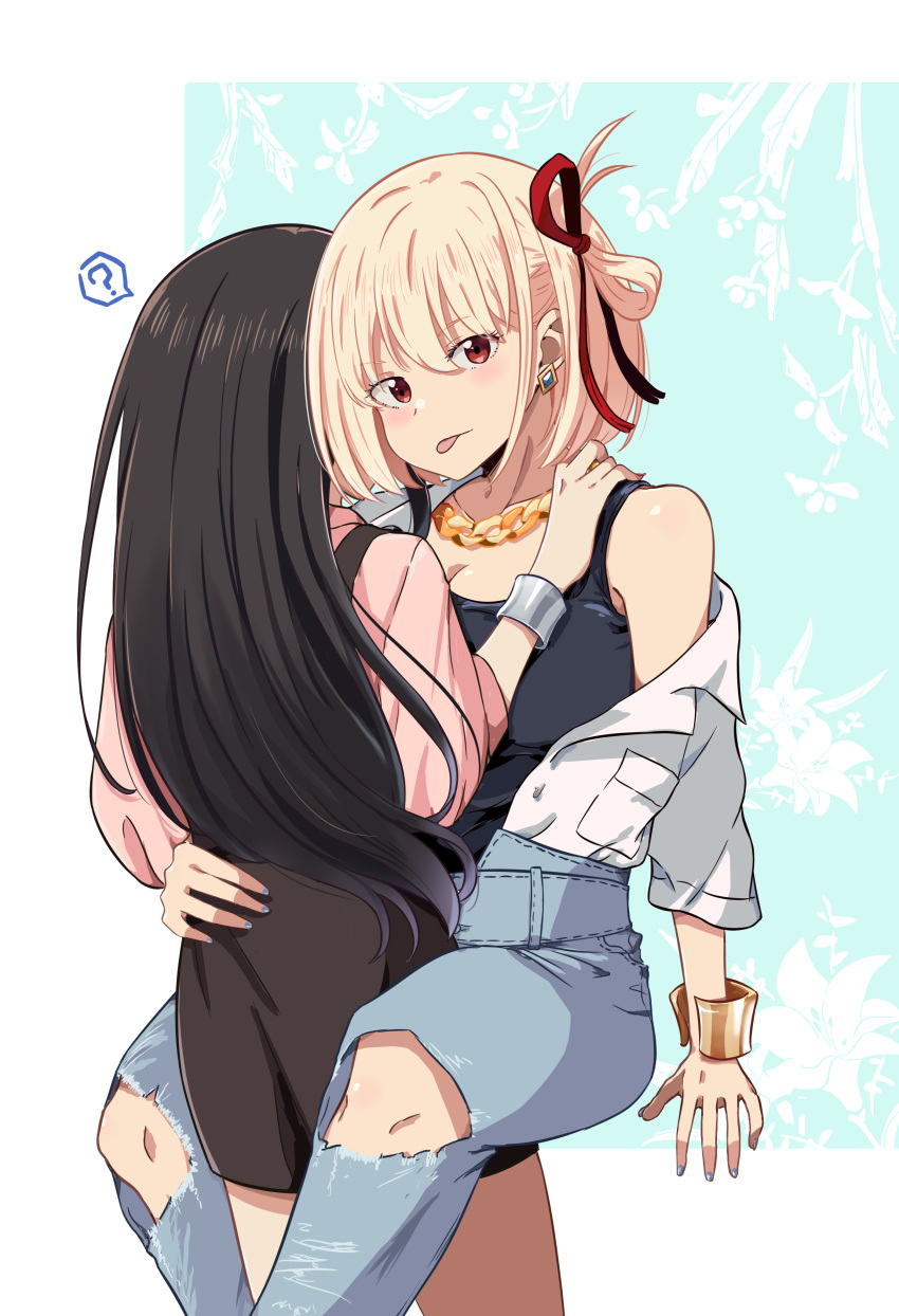 2girls :p ? absurdres bare_shoulders between_legs black_hair black_tank_top blonde_hair blush bracelet breast_pocket chai_haru commentary_request denim earrings hair_ribbon hand_on_another's_hip hand_on_another's_shoulder highres inoue_takina jeans jewelry long_hair long_sleeves looking_at_viewer lycoris_recoil multiple_girls necklace nishikigi_chisato off_shoulder official_alternate_costume pants pink_shirt pocket red_eyes red_ribbon ribbon shirt smile spoken_question_mark tank_top tongue tongue_out torn_clothes torn_jeans torn_pants white_shirt yuri
