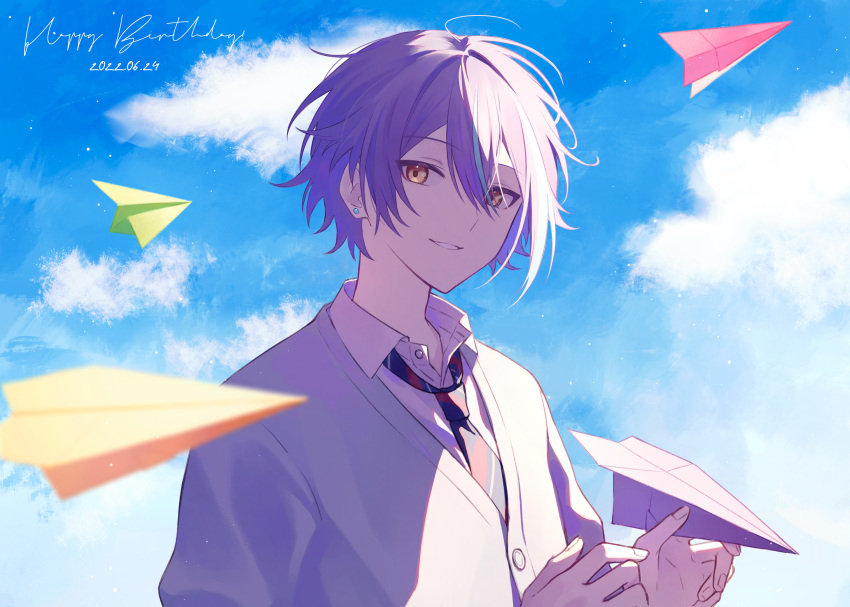 1boy 32_oogawa aqua_hair blue_necktie blue_sky buttons cardigan closed_mouth clouds cloudy_sky collared_shirt commentary cursive dated day diagonal-striped_necktie earrings fingernails floating floating_object grey_cardigan hair_between_eyes happy_birthday highres holding jewelry kamishiro_rui kamiyama_high_school_uniform_(project_sekai) long_bangs loose_necktie male_focus multicolored_hair multicolored_necktie necktie open_clothes open_collar open_shirt outdoors paper_airplane parted_lips partially_unbuttoned project_sekai purple_hair red_necktie school_uniform shirt short_hair sidelighting sky smile solo streaked_hair stud_earrings sunlight tsurime two-tone_hair upper_body white_necktie white_shirt yellow_eyes