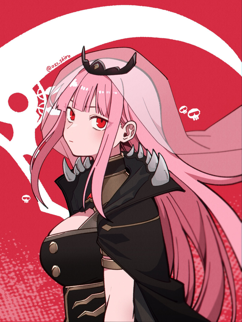 021_shiro 1girl absurdres black_cape black_dress blunt_bangs blurry breasts cape collar death-sensei_(mori_calliope) depth_of_field dress expressionless highres hololive hololive_english large_breasts long_hair mori_calliope mori_calliope_(1st_costume) pink_hair red_background red_eyes scythe sidelocks sideways_glance silhouette skull sleeveless spiked_collar spikes tiara twitter_username veil virtual_youtuber