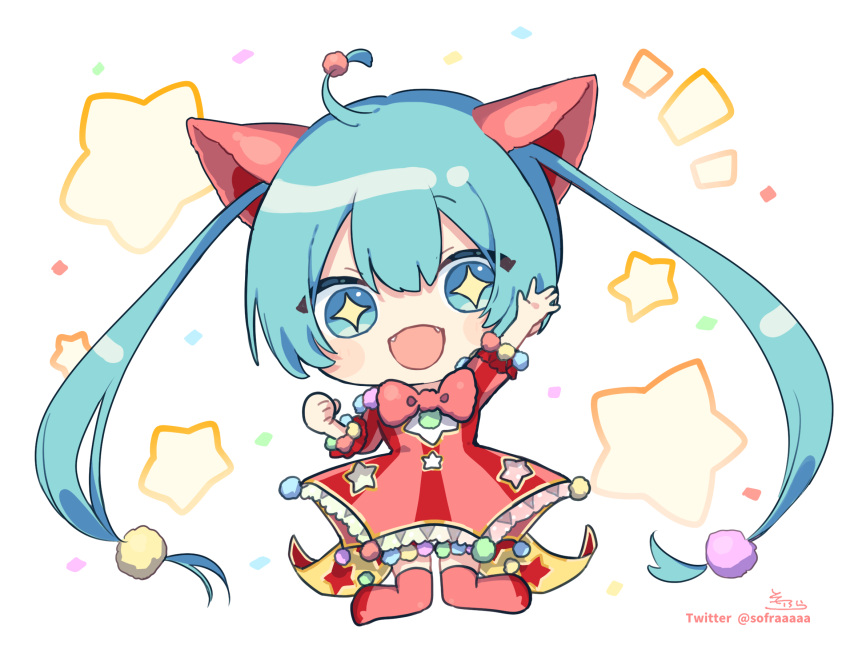 +_+ 1girl :d ahoge blue_eyes blue_hair blush_stickers chibi dress fangs frilled_dress frills full_body hair_between_eyes hand_up hatsune_miku highres kneeling long_hair looking_at_viewer notice_lines pink_dress pink_thighhighs project_sekai puffy_short_sleeves puffy_sleeves short_sleeves signature simple_background smile sofra solo starry_background striped striped_dress thigh-highs twintails twitter_username vertical-striped_dress vertical_stripes very_long_hair vocaloid white_background wonderlands_x_showtime_miku