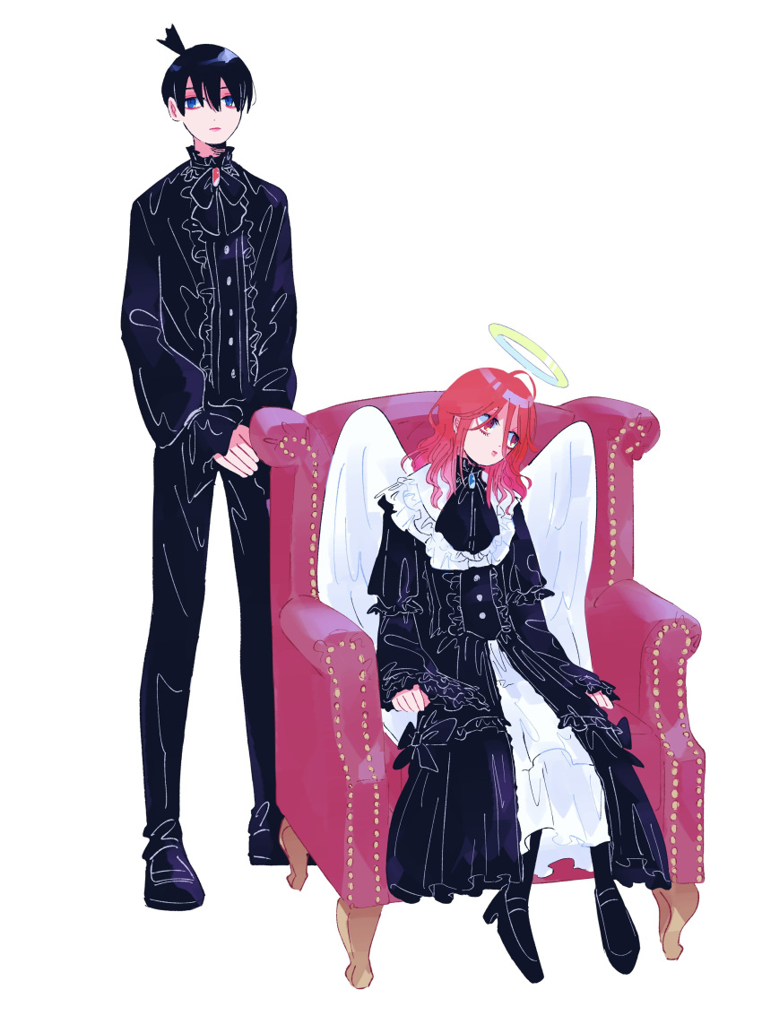 2boys absurdres angel angel_devil_(chainsaw_man) angel_wings ascot black_ascot black_dress black_hair blue_eyes chainsaw_man crossdressing dress halo hayakawa_aki highres kumanooppo looking_at_viewer looking_to_the_side medium_hair multiple_boys puffy_sleeves redhead short_hair simple_background sitting standing topknot white_background white_wings wings