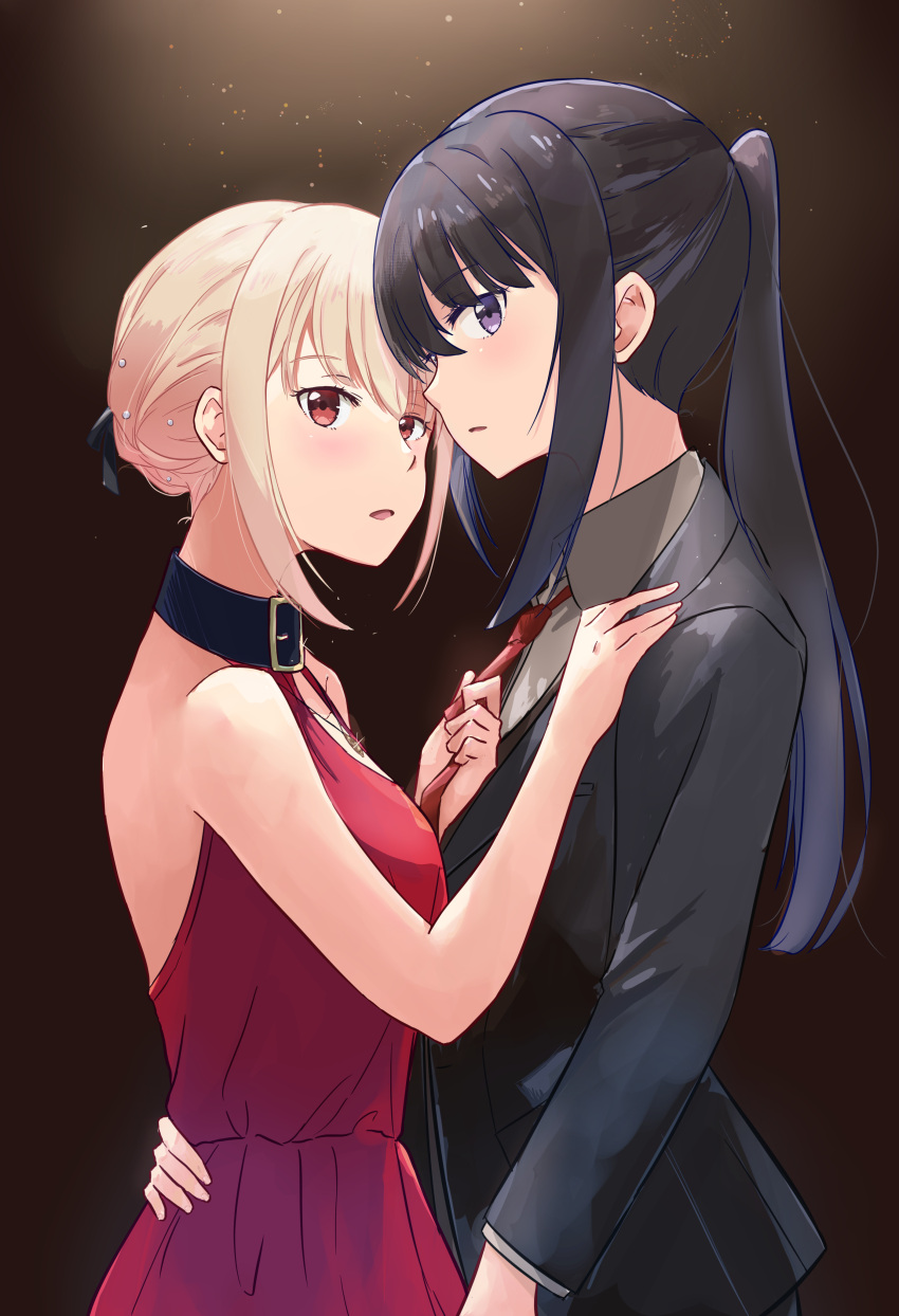 2girls absurdres backless_dress backless_outfit bare_shoulders beads black_hair black_jacket black_ribbon blush brown_background chai_haru collarbone collared_shirt commentary_request dress formal from_side grey_shirt hair_beads hair_ornament hair_ribbon hand_on_another's_back highres inoue_takina jacket jewelry light_particles long_hair looking_at_viewer lycoris_recoil multiple_girls necklace necktie necktie_grab neckwear_grab nishikigi_chisato official_alternate_costume official_alternate_hairstyle open_mouth parted_lips partial_commentary ponytail red_dress red_eyes red_necktie ribbon shirt short_hair sidelocks suit violet_eyes yuri