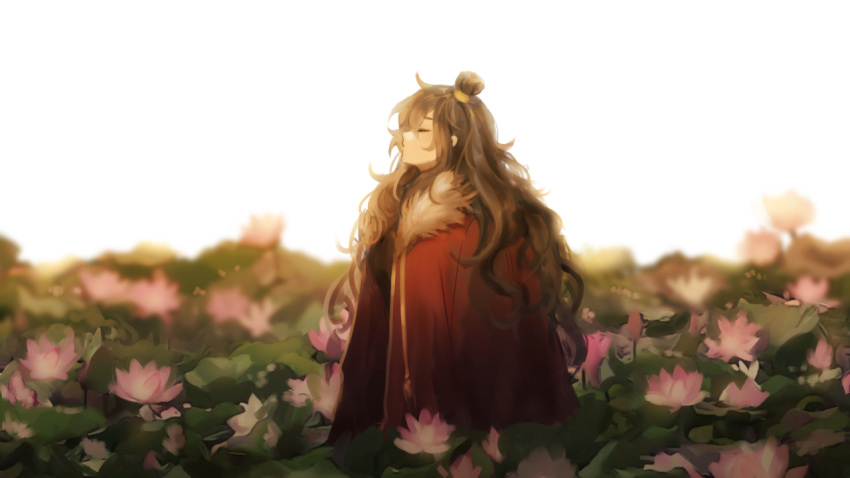 1girl ap5ry black_jacket breasts brown_hair closed_eyes closed_mouth coat coat_on_shoulders flower fur-trimmed_coat fur_trim head_tilt jacket library_of_ruina long_hair long_sleeves lotus lotus_leaf pink_flower project_moon red_coat solo upper_body very_long_hair white_background xiao_(library_of_ruina)