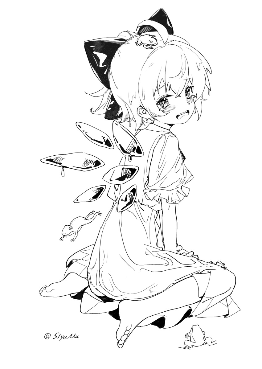 1girl ahoge animal_on_head barefoot bow cirno commentary detached_wings dress frog frog_on_head full_body greyscale hair_bow highres ice ice_wings looking_at_viewer monochrome on_head open_mouth seiza short_hair short_sleeves simple_background sitting siyumu touhou twitter_username wings