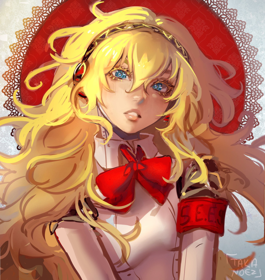 aegis_(persona) alternate_hairstyle android blonde_hair blue_eyes bow bowtie breasts colored_eyelashes floating_hair fringe_trim hairband highres long_hair looking_at_viewer medium_breasts parted_lips persona persona_3 red_armband red_bow red_bowtie red_circle signature takanoezz teeth upper_body wavy_hair