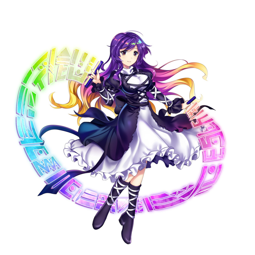 1girl black_footwear breasts closed_mouth cross-laced_clothes dress full_body game_cg gradient_eyes gradient_hair highres hijiri_byakuren juliet_sleeves large_breasts layered_dress long_hair long_sleeves looking_at_viewer multicolored_eyes multicolored_hair puffy_sleeves purple_hair rotte_(1109) simple_background smile solo sorcerer's_sutra_scroll third-party_source touhou touhou_lost_word two-tone_hair violet_eyes white_background white_dress yellow_eyes