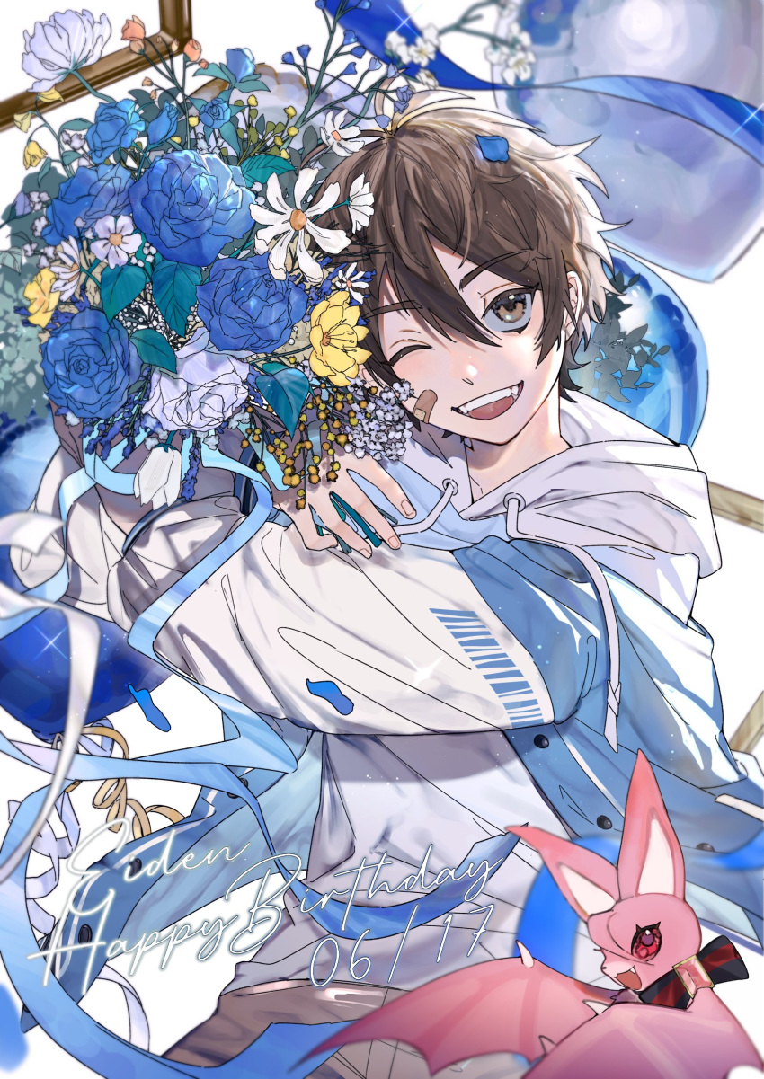 2boys aged_down aster_(nu_carnival) balloon bandaid bandaid_on_cheek bandaid_on_face bat_(animal) blue_flower blue_rose bouquet brown_eyes brown_hair eiden_(nu_carnival) etaryu496a fang flower highres holding holding_balloon holding_bouquet long_sleeves looking_at_viewer male_child male_focus multiple_boys nu_carnival one_eye_closed open_mouth pink_gemstone red_eyes rose short_hair smile white_flower yellow_flower